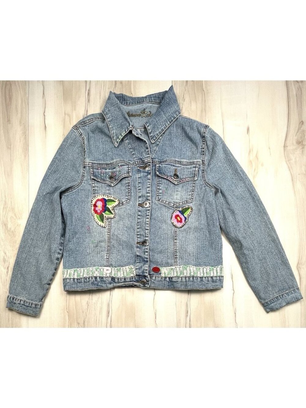 VTG ARIZONA JEAN CO Women Juniors XL Denim JEAN JACKET Floral Embroidery Crochet